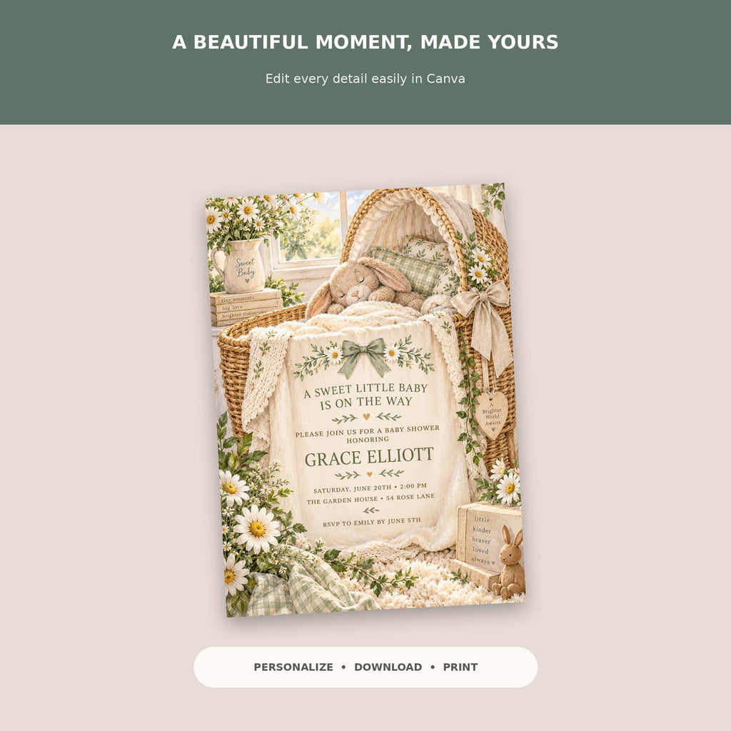 The image is a baby shower invitation featuring a sweet little baby, a basket, and flowers. The text on the invitation reads "A SWEET LITTLE BABY IS ON THE WAY" and "A BABY ELLIOTT IS THE BABY SHOWER". The invitation is personalized and can be printed, edited, and shared easily.