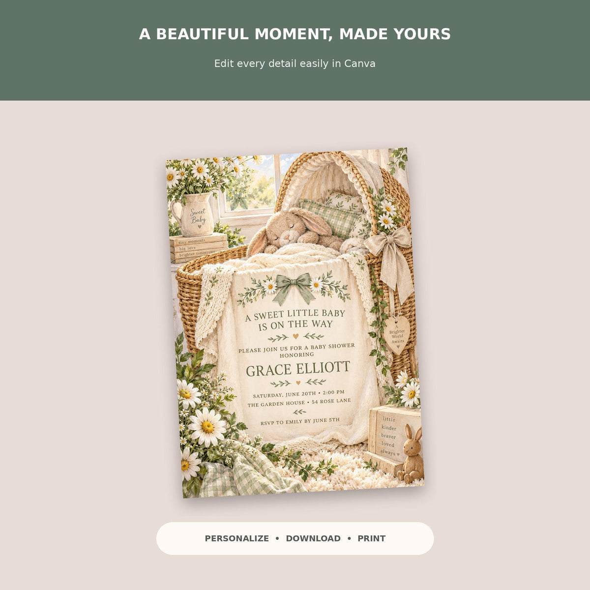 The image is a baby shower invitation featuring a sweet little baby, a basket, and flowers. The text on the invitation reads "A SWEET LITTLE BABY IS ON THE WAY" and "A BABY ELLIOTT IS THE BABY SHOWER". The invitation is personalized and can be printed, edited, and shared easily.