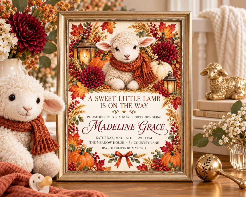 A framed baby shower invitation featuring a lamb and autumn decorations, with a stuffed lamb and other fall-themed items in the background.