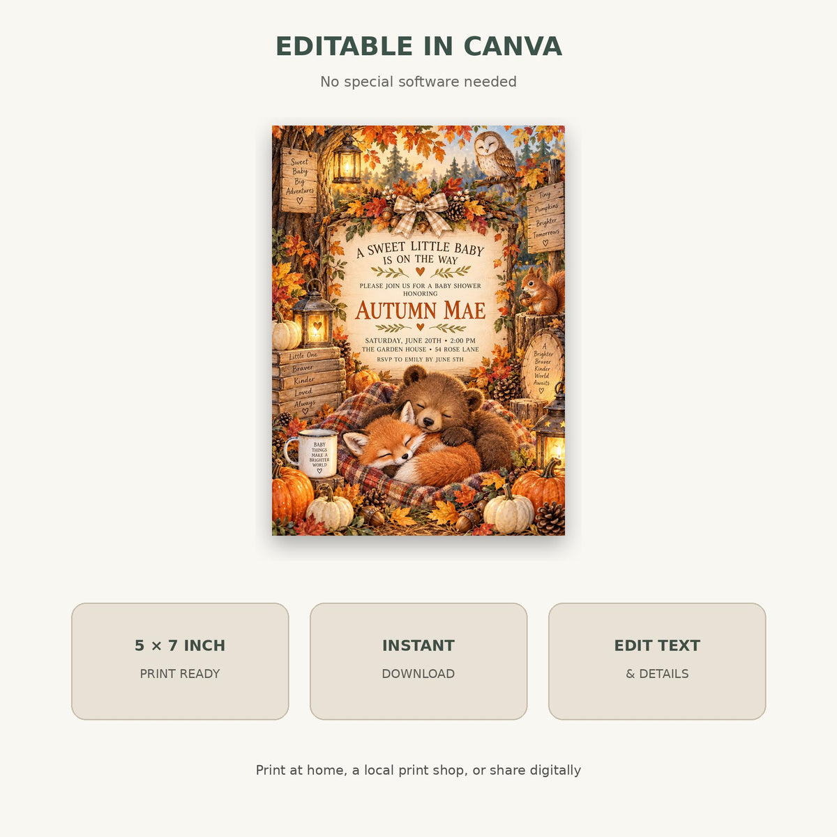 The image is a poster featuring a sweet little baby surrounded by autumn elements such as leaves, pumpkins, and a teddy bear. The poster is titled "A Sweet Little Baby Is On The Way" and is available in 5 x 7 inches. It is ready for printing and can be printed at home, at a local print shop, or shared digitally.
