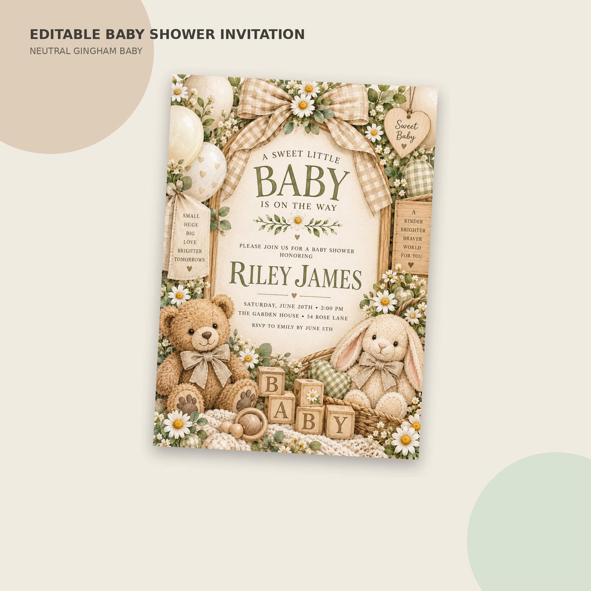 The image is an editable baby shower invitation featuring a cute and charming design with teddy bears, flowers, and baby blocks.