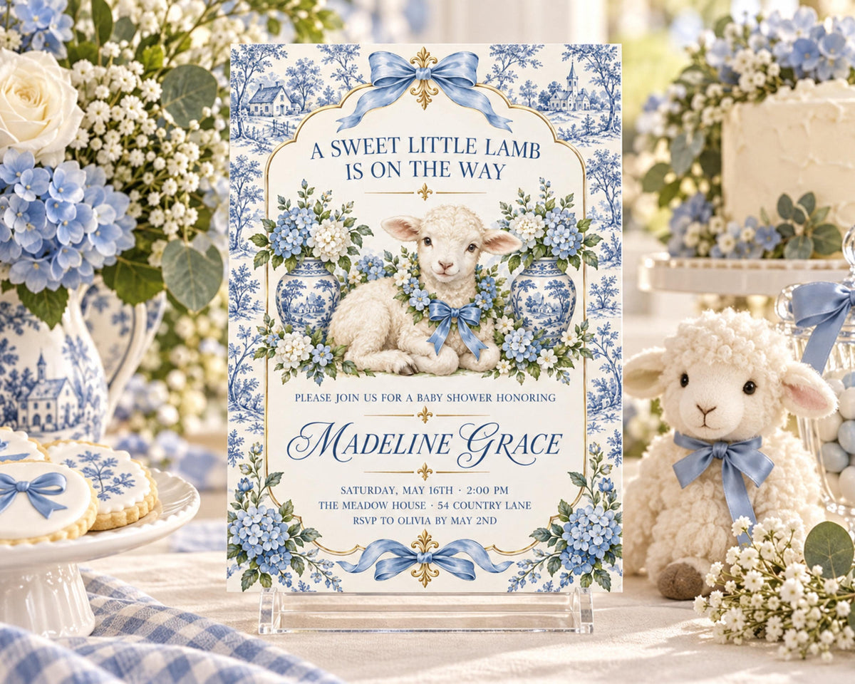 A baby shower invitation featuring a lamb and floral design, with a table set with blue and white flowers and other decorations.