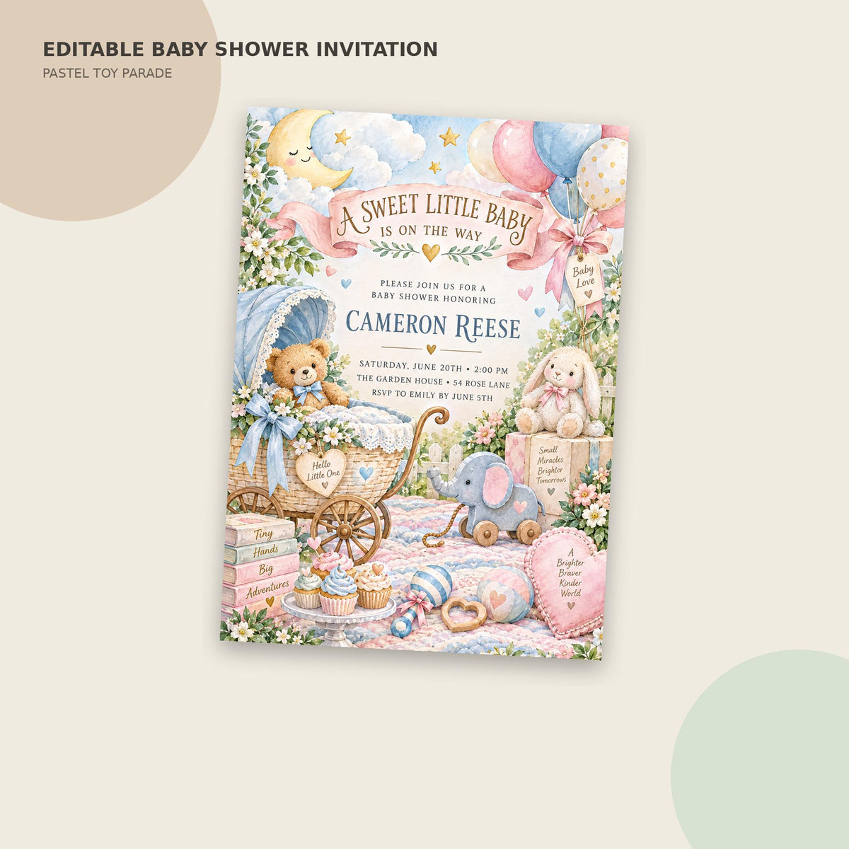 The image is a colorful and whimsical baby shower invitation featuring pastel colors, teddy bears, balloons, and various baby-related items.