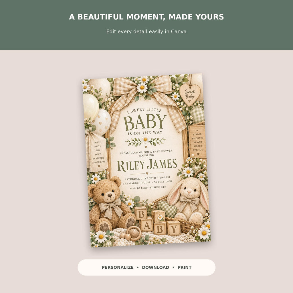The image is a baby shower invitation featuring a teddy bear, balloons, and other baby-themed elements.