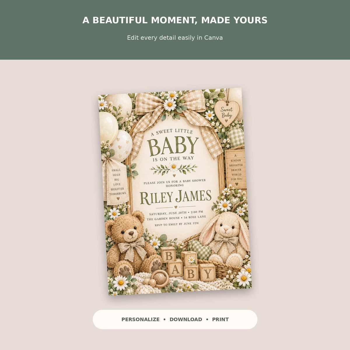 The image is a baby shower invitation featuring a teddy bear, balloons, and other baby-themed elements.