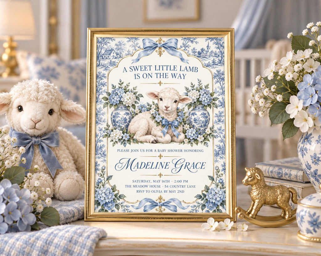 A framed baby shower invitation with a lamb and flowers, surrounded by decorative items such as a stuffed lamb, vases, and a rocking horse.