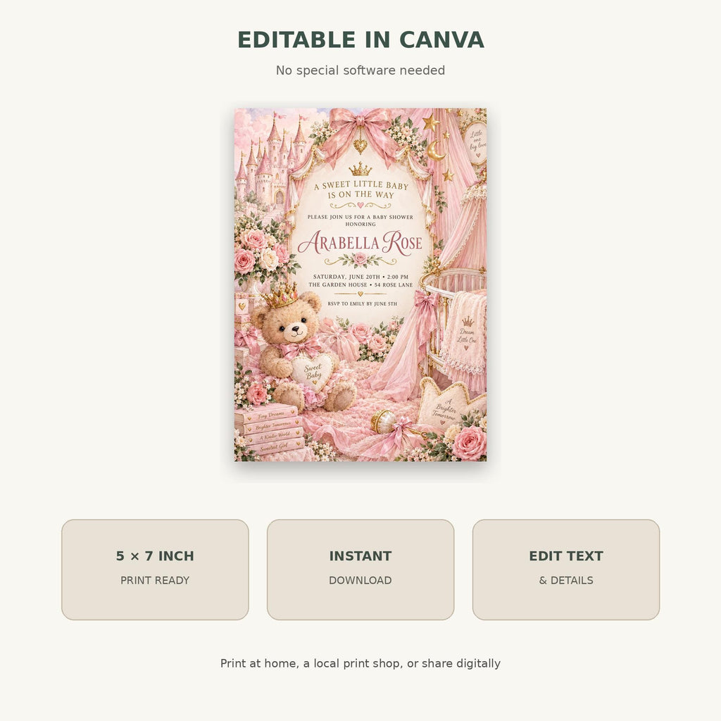 The image is a pink and white invitation card for a baby shower, featuring a teddy bear and floral decorations.