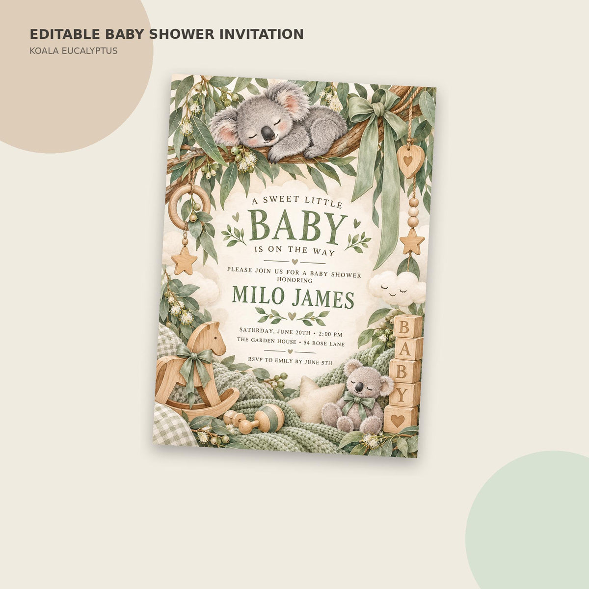 The image is an editable baby shower invitation featuring a koala and baby theme.