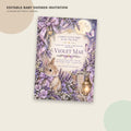 The image is an editable baby shower invitation for a baby shower event called "Lavender Butterfly Garden" featuring a rabbit, flowers, and a lantern.