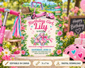 Birthday invitation for a girl turning 4, featuring a pink scooter, flowers, and a pink bicycle.