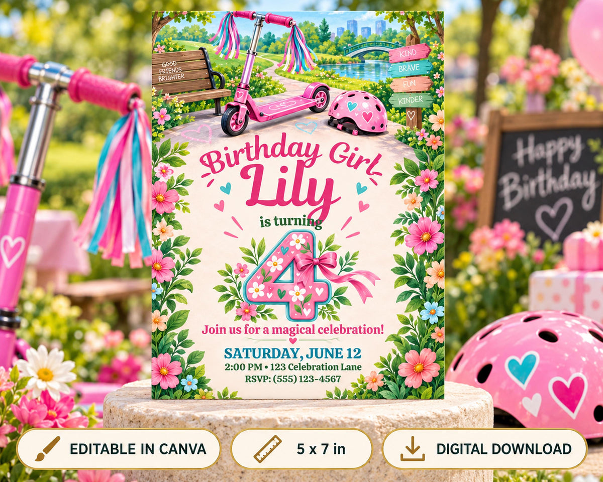 Birthday invitation for a girl turning 4, featuring a pink scooter, flowers, and a pink bicycle.