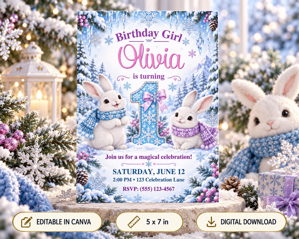 A birthday invitation featuring two rabbits wearing winter clothes, with a snowy background and festive decorations.