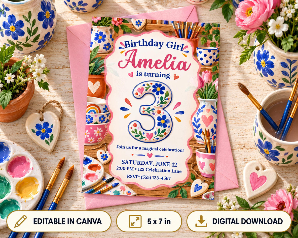 The image is a birthday invitation for a girl named Amelia, featuring a floral design with pots, vases, and other decorative elements. The invitation is surrounded by various art supplies, such as paintbrushes and paint palettes, suggesting a creative theme for the celebration.