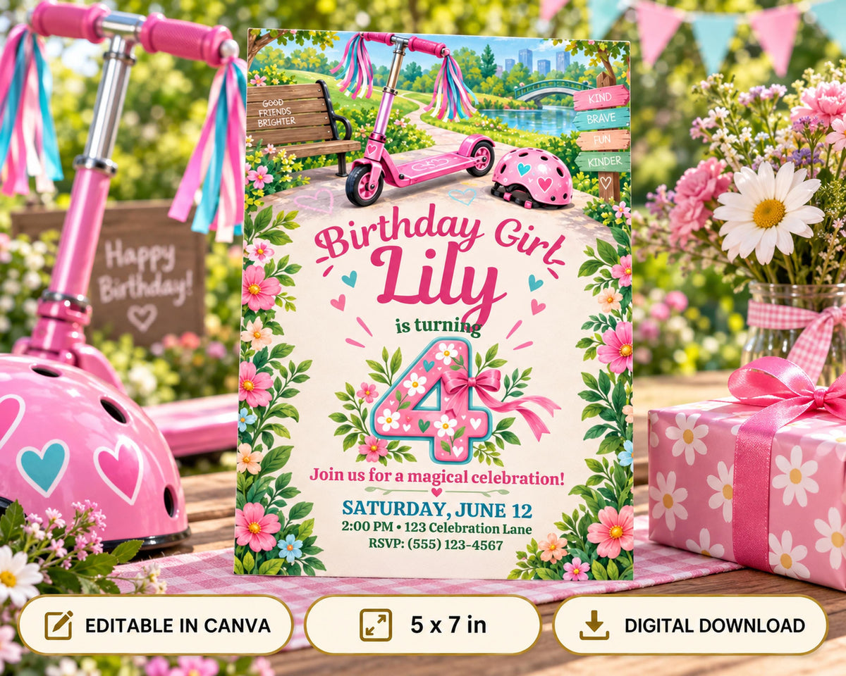 The image is a birthday invitation for a girl named Lily, featuring a pink scooter and flowers as the main decorative elements.