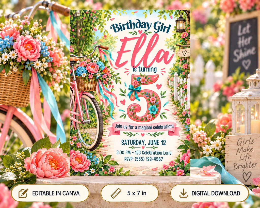 The image is a birthday invitation for a girl named Ella, who is turning 5 years old. The invitation features a pink bicycle and flowers, and it is set against a background of greenery and flowers.
