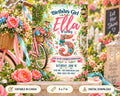 The image is a birthday invitation for a girl named Ella, who is turning 5 years old. The invitation features a pink bicycle and flowers, and it is set against a background of greenery and flowers.
