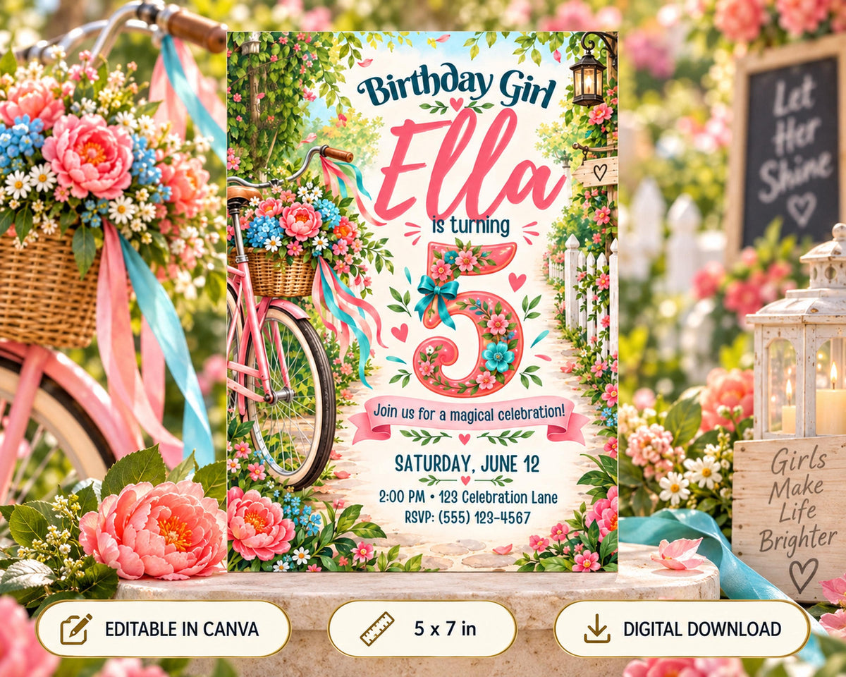 The image is a birthday invitation for a girl named Ella, who is turning 5 years old. The invitation features a pink bicycle and flowers, and it is set against a background of greenery and flowers.