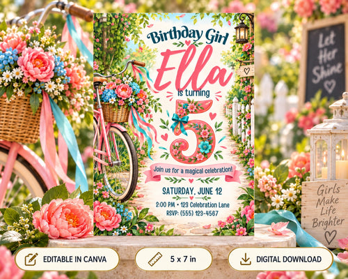 The image is a birthday invitation for a girl named Ella, who is turning 5 years old. The invitation features a pink bicycle and flowers, and it is set against a background of greenery and flowers.
