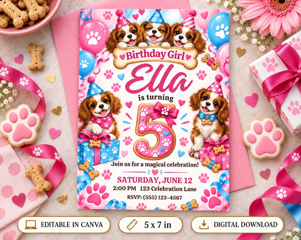 A birthday invitation for a girl named Ella, featuring illustrations of dogs and a pink and blue color scheme.