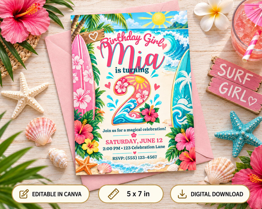 The image is a birthday invitation for a girl named Mia, featuring a tropical theme with a surfboard, flowers, and starfish. The invitation is surrounded by various beach-themed items, such as a glass, a starfish, and a hibiscus flower.