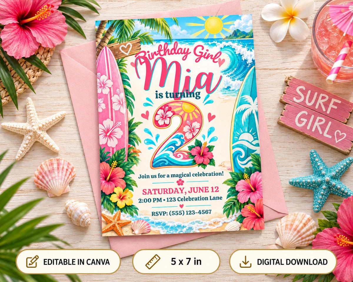The image is a birthday invitation for a girl named Mia, featuring a tropical theme with a surfboard, flowers, and starfish. The invitation is surrounded by various beach-themed items, such as a glass, a starfish, and a hibiscus flower.