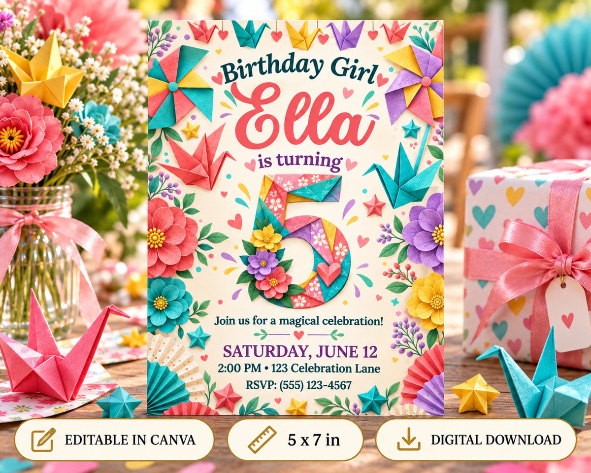A colorful birthday invitation for a girl named Ella, featuring a variety of flowers, stars, and other decorative elements.