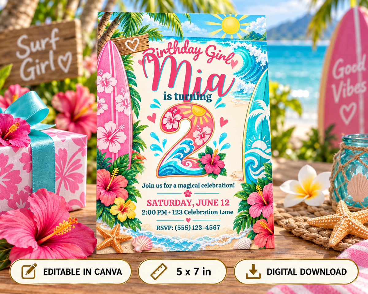 A colorful birthday party invitation for a girl named Mia, featuring a beach theme with surfboards, flowers, and tropical elements.