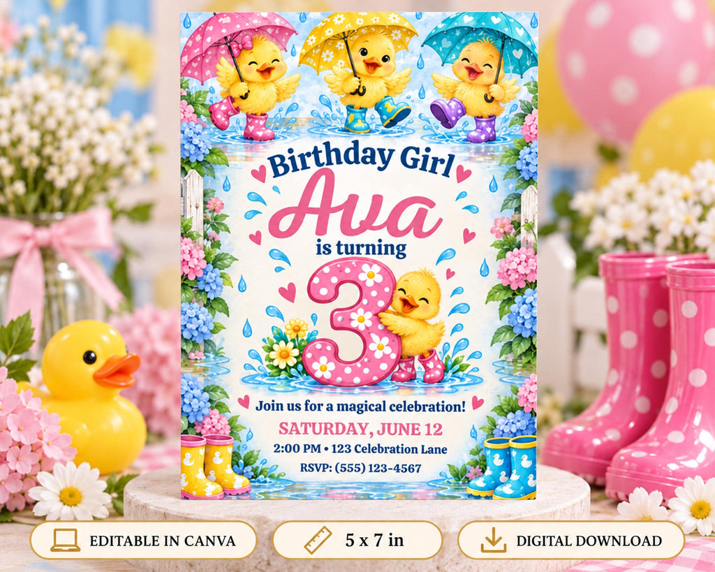 The image is a birthday invitation featuring a cartoon duck theme, with ducks holding umbrellas and surrounded by flowers. The invitation is for a birthday party for a girl named Ava, who is turning 3 years old.