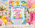 The image is a birthday invitation featuring a cartoon duck theme, with ducks holding umbrellas and surrounded by flowers. The invitation is for a birthday party for a girl named Ava, who is turning 3 years old.