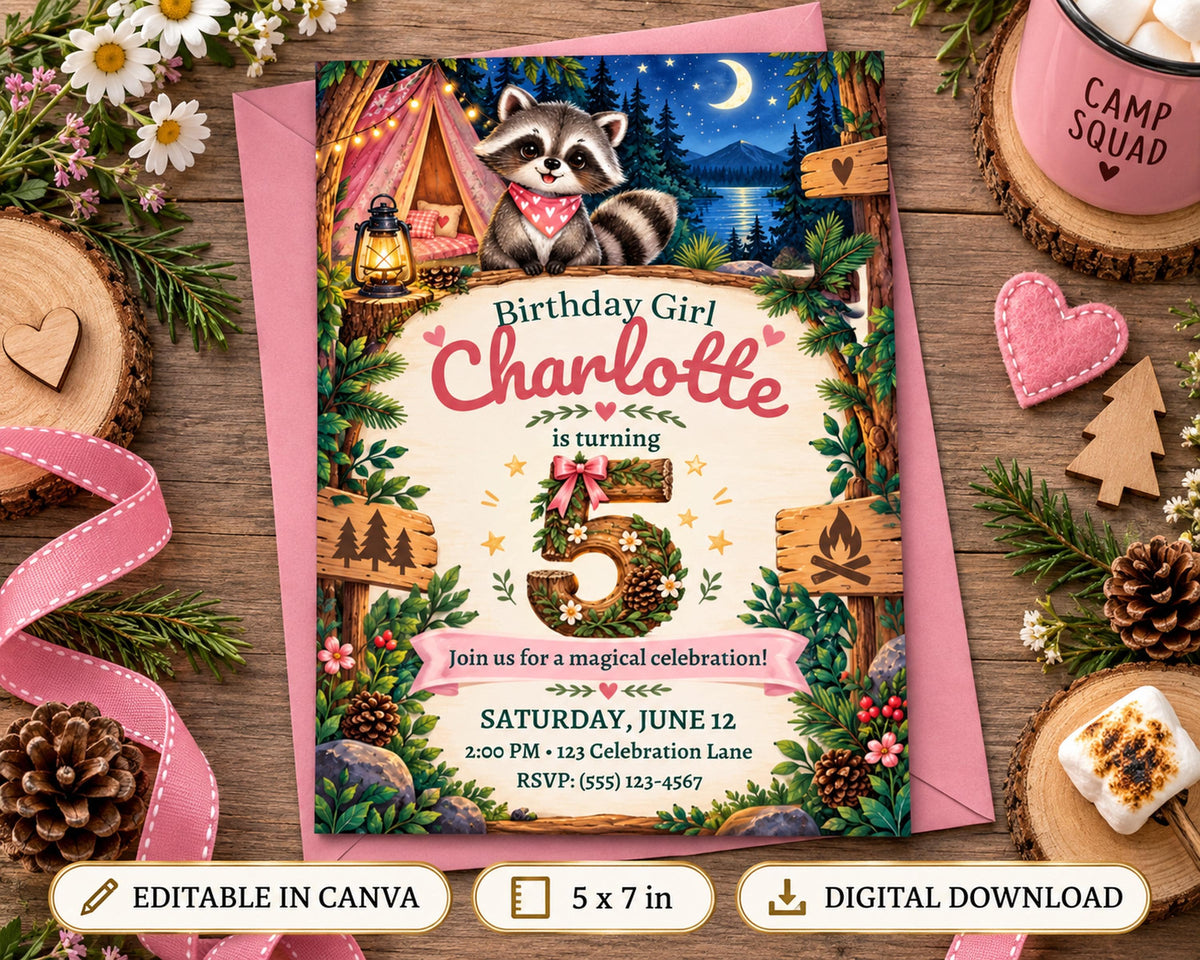 A birthday party invitation for a girl named Charlotte, featuring a woodland theme with a raccoon, tent, and stars. The invitation is surrounded by various woodland-themed decorations and items, such as pine cones, a heart, and a campfire.