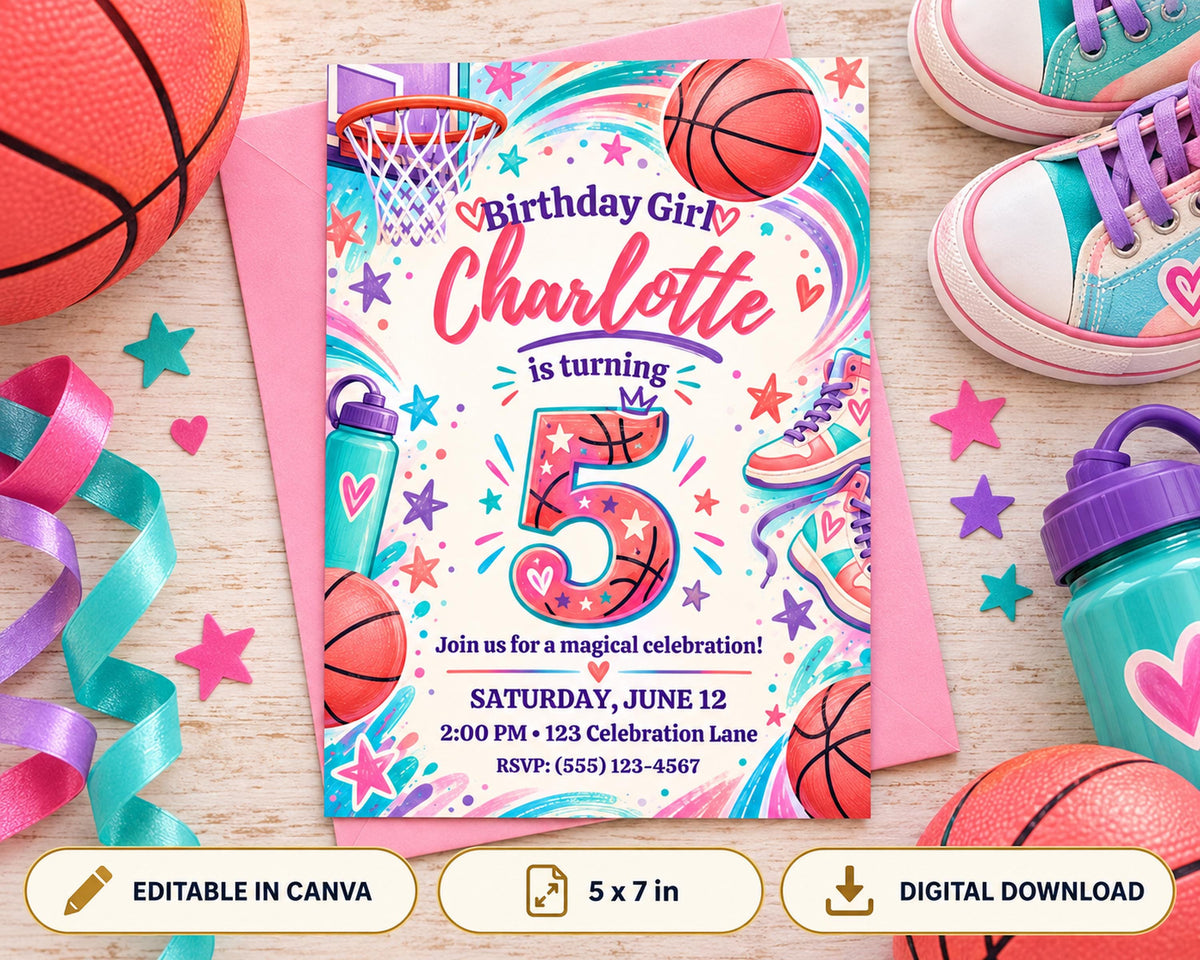 A birthday party invitation for a girl named Charlotte turning 5 years old, featuring basketball and star-themed decorations.
