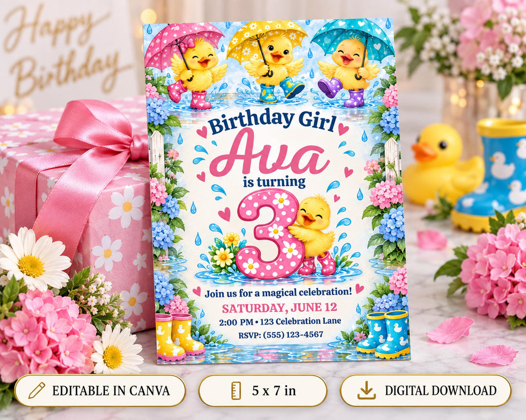 A birthday invitation featuring a girl named Ava surrounded by ducks and flowers, with a pink ribbon and a pink gift box.