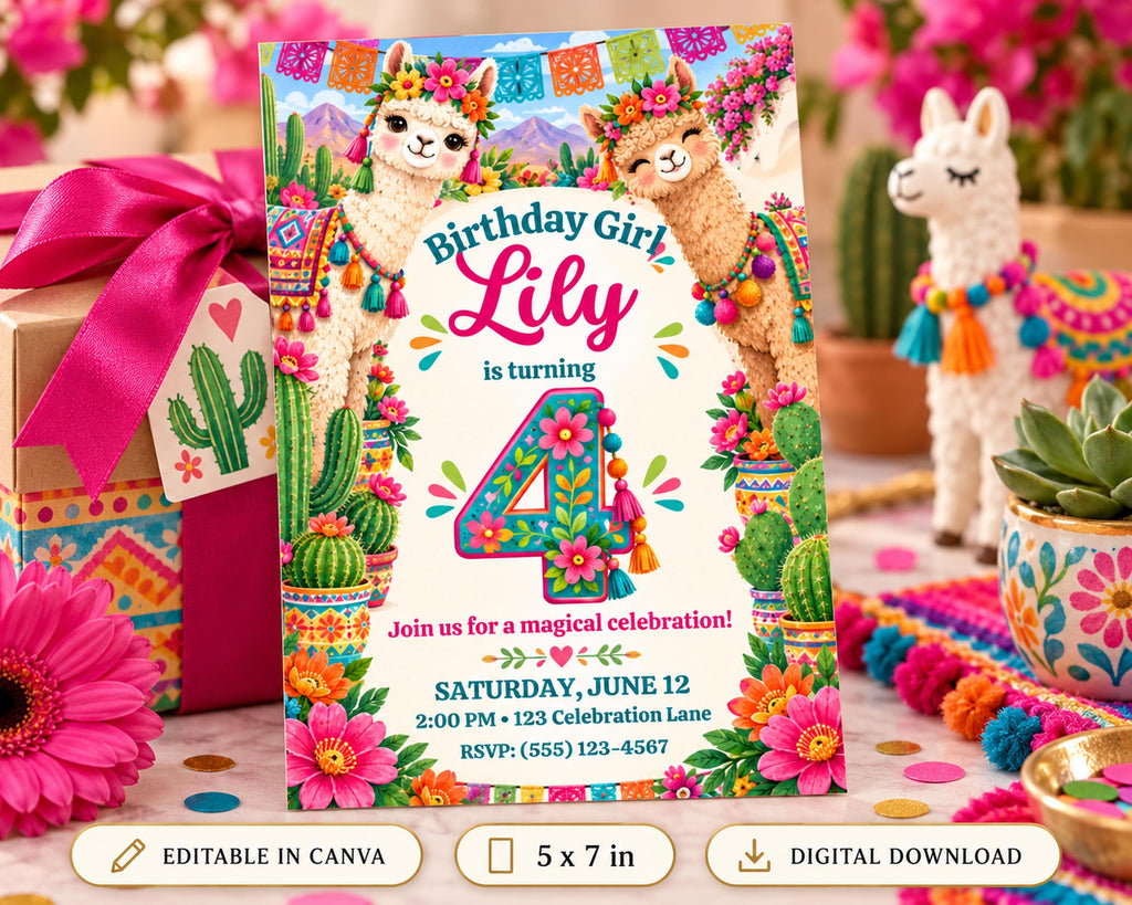 A colorful birthday invitation featuring llamas and flowers, with the text "Birthday Girl, Lily is turning 4" and inviting guests to a magical celebration on Saturday, June 12 at 2:00 PM at Celebration Lane.