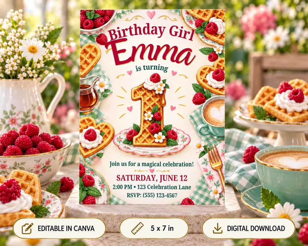 The image is a birthday invitation for a girl named Emma, featuring a whimsical design with waffles, raspberries, and other decorative elements.