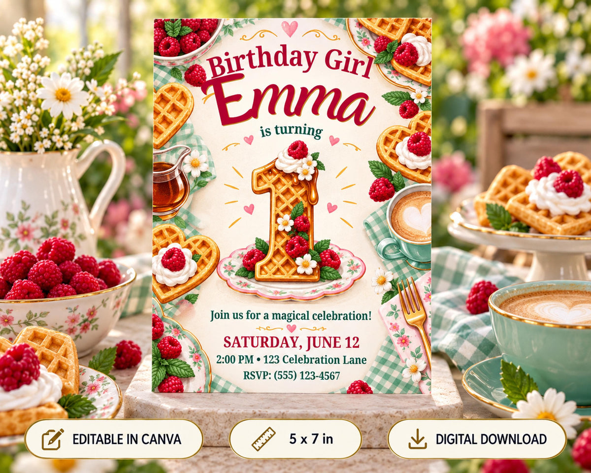 The image is a birthday invitation for a girl named Emma, featuring a whimsical design with waffles, raspberries, and other decorative elements.