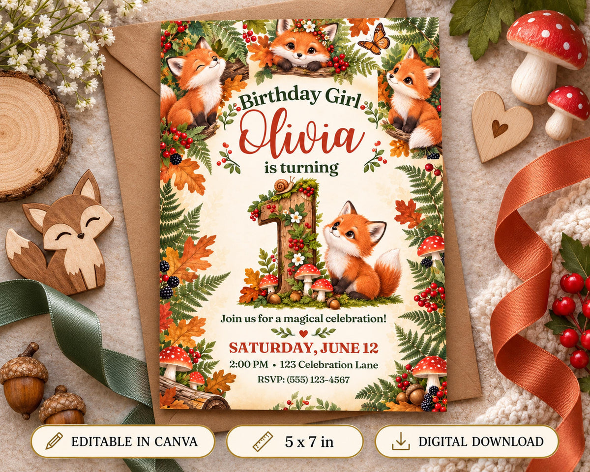 The image is a birthday invitation featuring a forest theme with illustrations of foxes and mushrooms. The invitation is for a girl's birthday celebration and includes details about the event, such as the date, time, location, and RSVP information.
