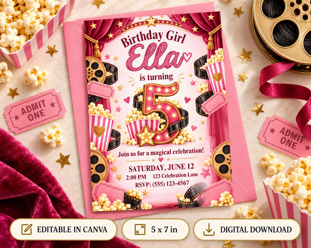 A pink birthday invitation for a girl named Ella, celebrating her 5th birthday. The invitation features a movie-themed design with popcorn, film reels, and stars. The text on the invitation includes "Birthday Girl Ella is turning", "Join us for a magical celebration!", "SATURDAY, JUNE 12", "2:00 PM - 123 Celebration Law", and "RSVP - (55) 123-4567". The invitation also includes options to "EDITABLE IN CANVA" and "DIGITAL DOWNLOAD&q