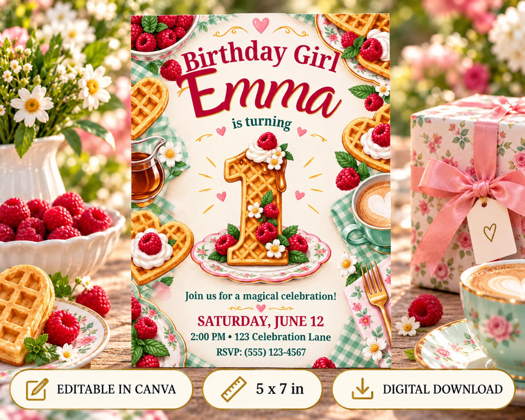 The image is a birthday invitation for a girl named Emma, featuring a whimsical design with waffles, raspberries, and other berries. The invitation is for a magical celebration on Saturday, June 12th at 2:00 PM at the Celebration Lane, RSVP (5525-123-567). The invitation also includes options to edit the design in Canva and download the digital version.