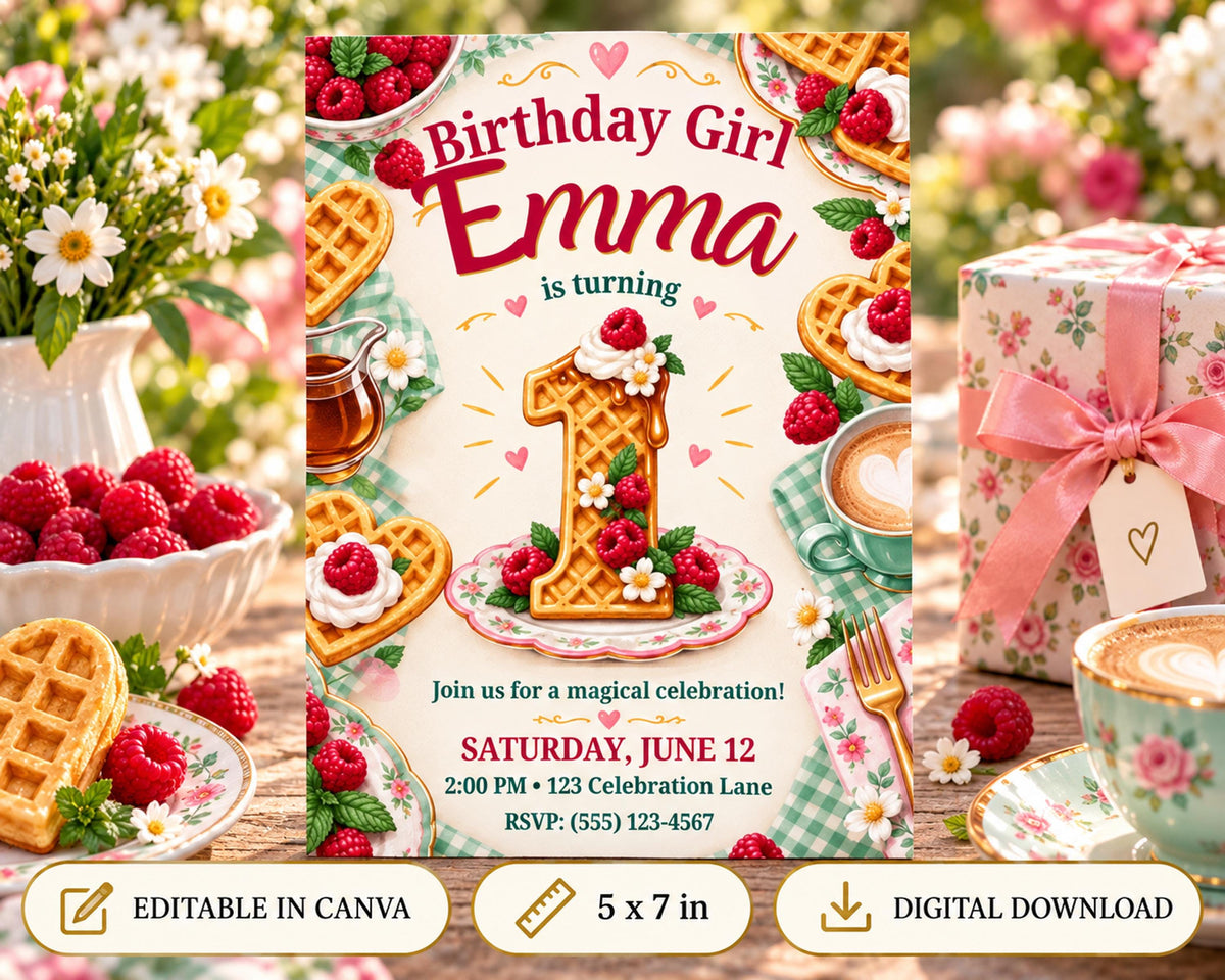 The image is a birthday invitation for a girl named Emma, featuring a whimsical design with waffles, raspberries, and other berries. The invitation is for a magical celebration on Saturday, June 12th at 2:00 PM at the Celebration Lane, RSVP (5525-123-567). The invitation also includes options to edit the design in Canva and download the digital version.