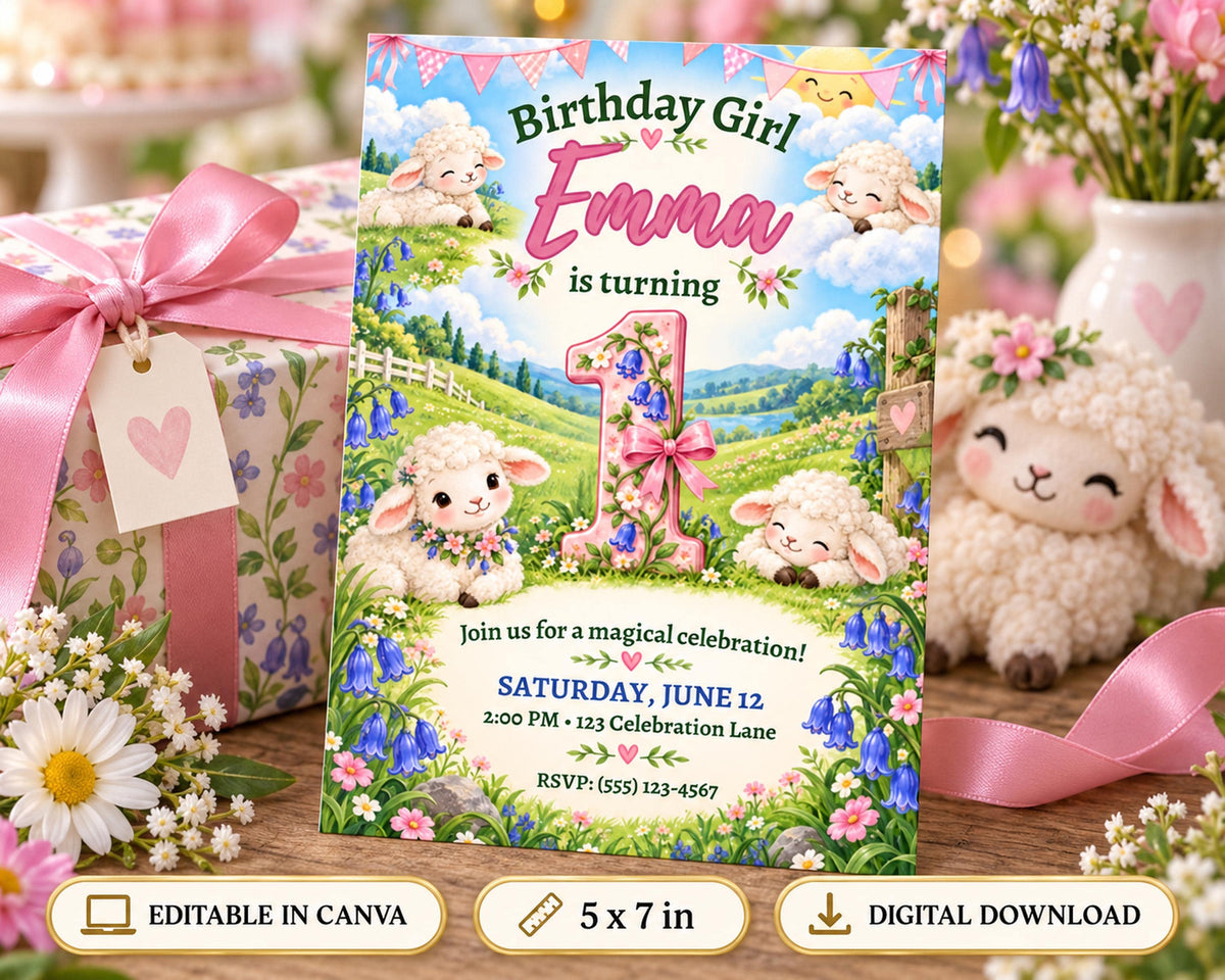 The image is a birthday invitation for a girl named Emma, featuring a pastoral scene with sheep and flowers. The invitation is pink and has a heart-shaped tag attached to it.