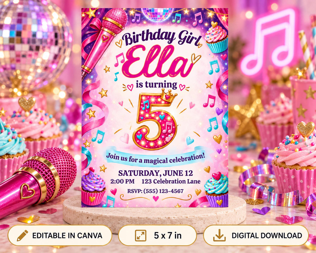 A birthday party invitation for a girl named Ella turning 5 years old, featuring a pink microphone, cupcakes, and a disco ball theme.