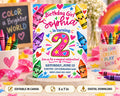 The image is a birthday invitation featuring a colorful design with crayons and stars, celebrating a girl's second birthday.