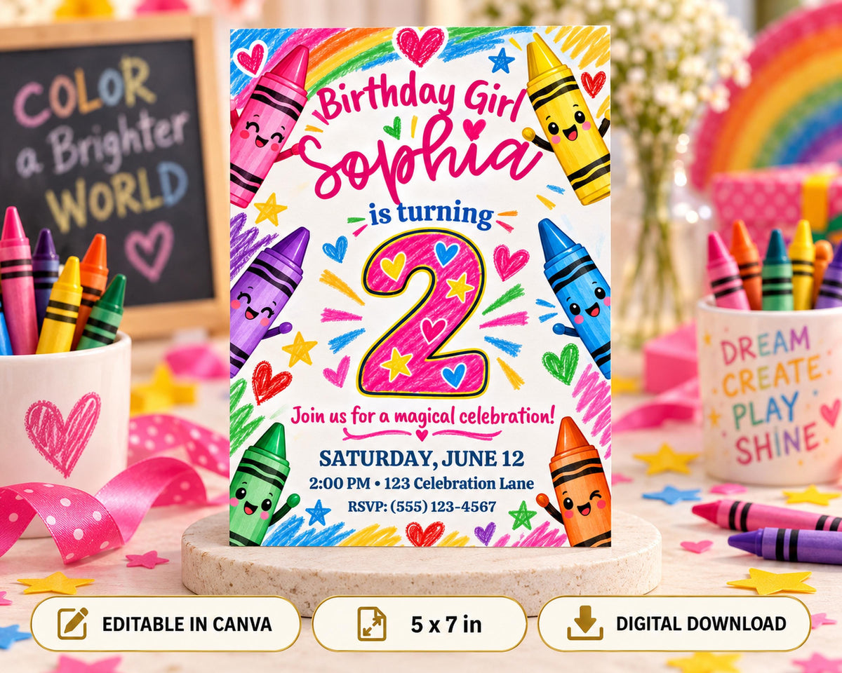 The image is a birthday invitation featuring a colorful design with crayons and stars, celebrating a girl's second birthday.