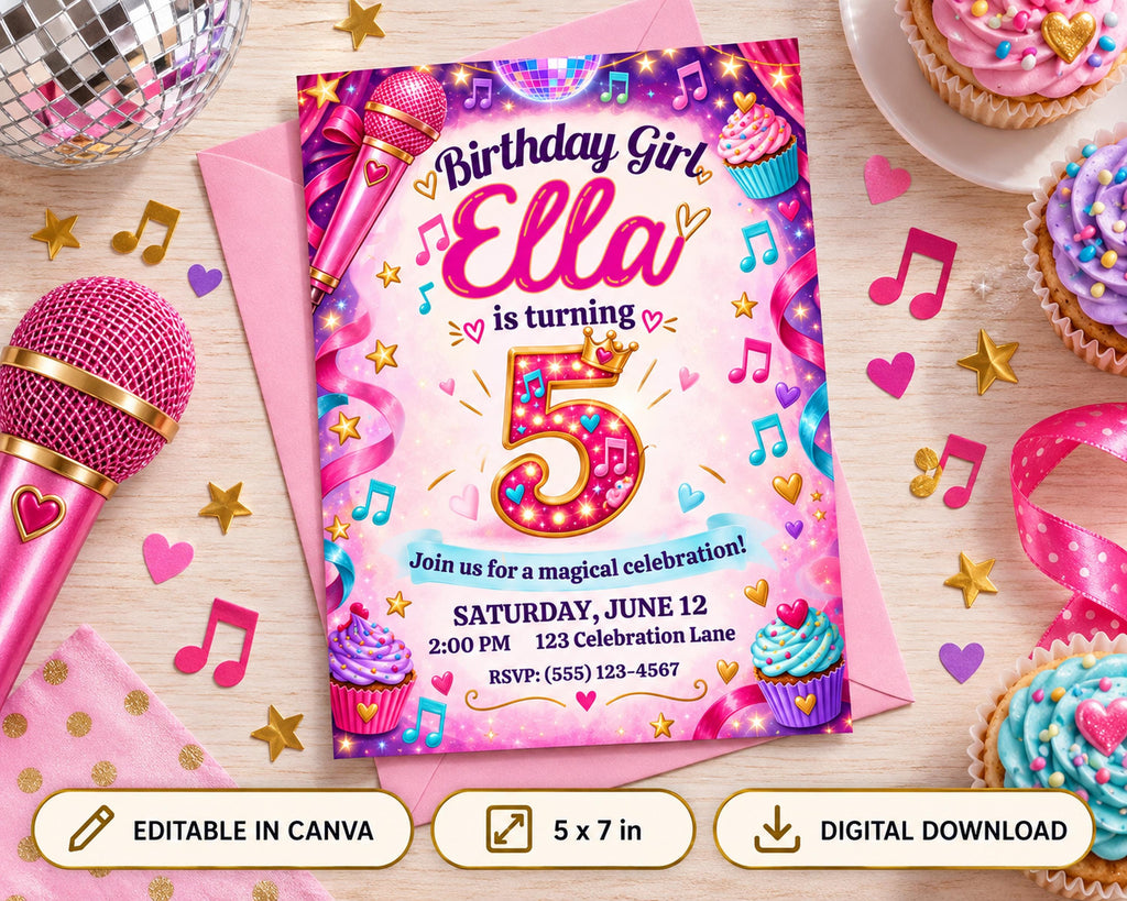 A birthday party invitation for a girl named Ella turning 5 years old, featuring a pink background with musical notes, cupcakes, and a microphone. The invitation is surrounded by party decorations such as cupcakes, a disco ball, and stars.