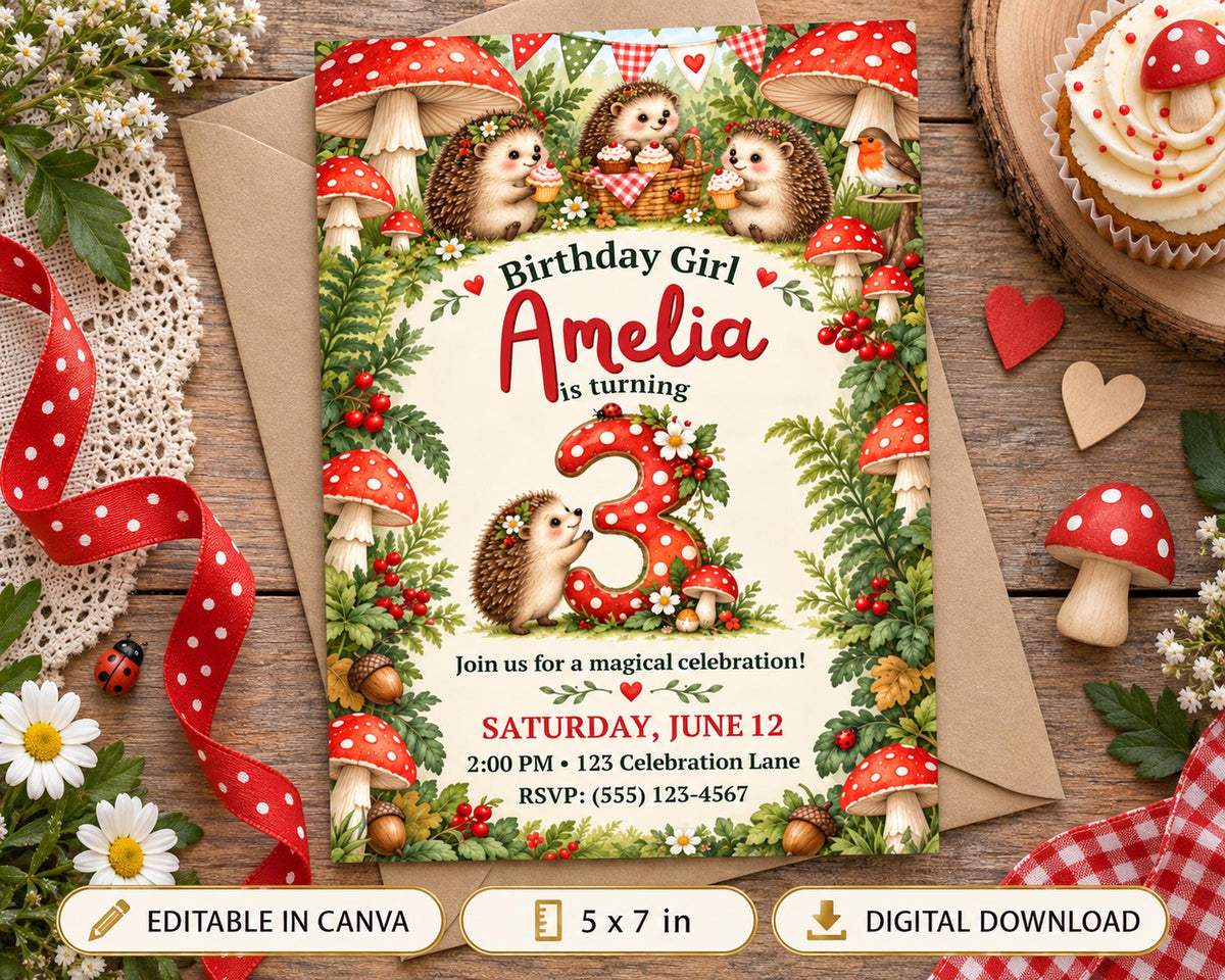 Birthday invitation featuring hedgehog characters and mushrooms, with a birthday girl named Amelia.