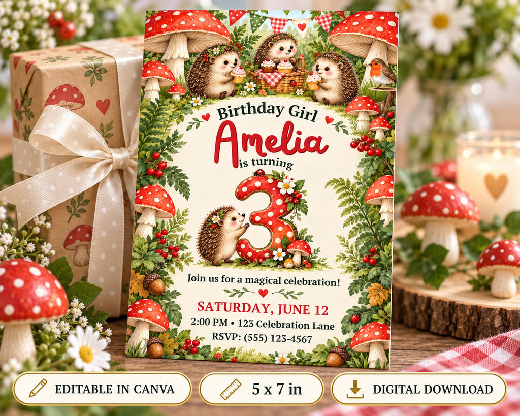 Birthday Invitation featuring hedgehog characters and mushrooms, with a birthday girl's name and age, and a festive background with flowers and candles.