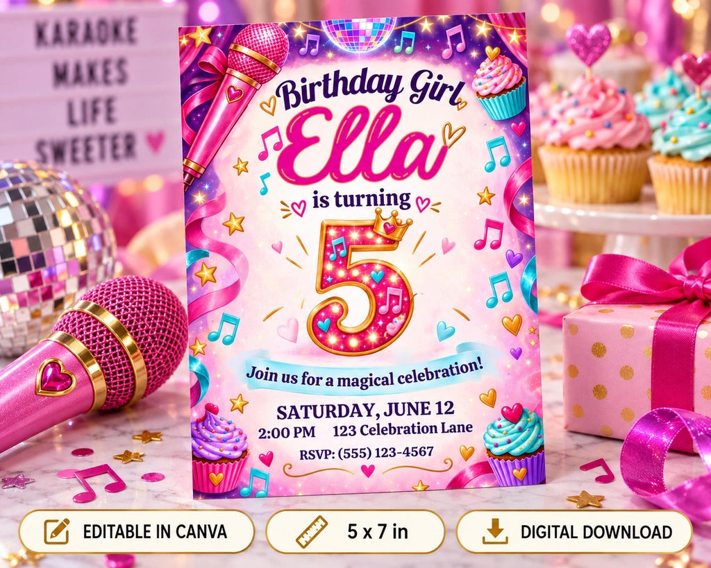 A birthday party invitation for a girl named Ella turning 5 years old, with a pink microphone, cupcakes, and a disco ball in the background.