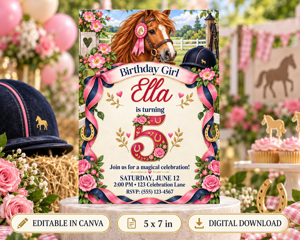 A birthday invitation for a girl named Ella, featuring a horse image, flowers, and a ribbon.