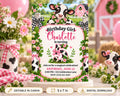 The image is a birthday invitation for a girl named Charlotte, featuring a cow and floral decorations. The invitation is for a magical celebration on Saturday, June 12th at 2:00 PM at the Celebration Lane, RSVP (555) 123-4567. The invitation is editable in Canva and can be digitally downloaded.