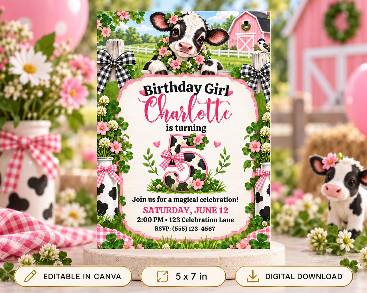 The image is a birthday invitation for a girl named Charlotte, featuring a cow and floral decorations. The invitation is for a magical celebration on Saturday, June 12th at 2:00 PM at the Celebration Lane, RSVP (555) 123-4567. The invitation is editable in Canva and can be digitally downloaded.